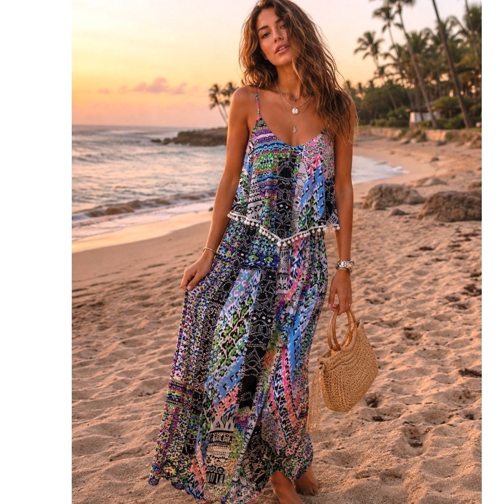 Magic Multi Color Patchwork Pom Pom Trim Boho V-Neck Maxi Dress L cottage core